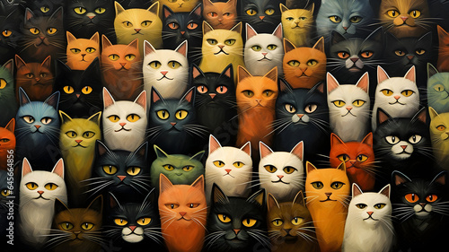 Lovely and cute group of many happy cats smiling