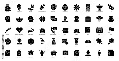 Wellness Spa Glyph Icons Mind Happiness Iconset in Glyph Style 50 Vector Icons in Black 
