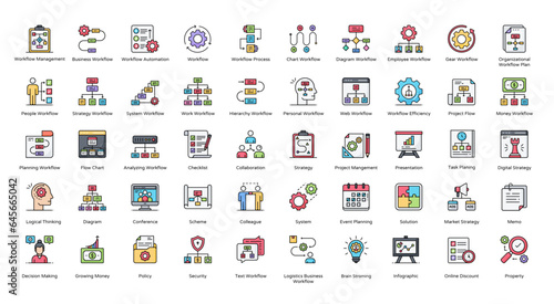 Workflow Color Line Icons Business Hierarchy Process Iconset in Filled Outline Style 50 Vector Icons