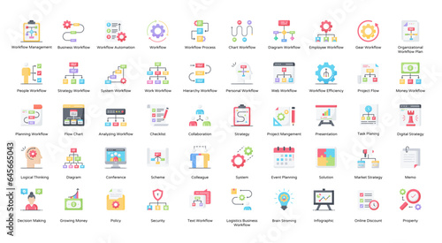 Workflow Flat Icons Business Hierarchy Process Iconset in Color Style 50 Vector Icons