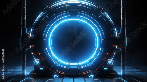 Digital blue portal in a round shape, Bright color. Generative Ai