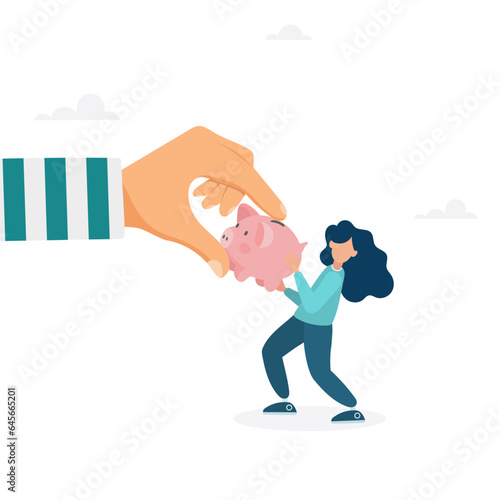 Fraud and theft of savings. The girl snatches the piggy bank from the hands of the thief. Modern vector illustration in flat style

