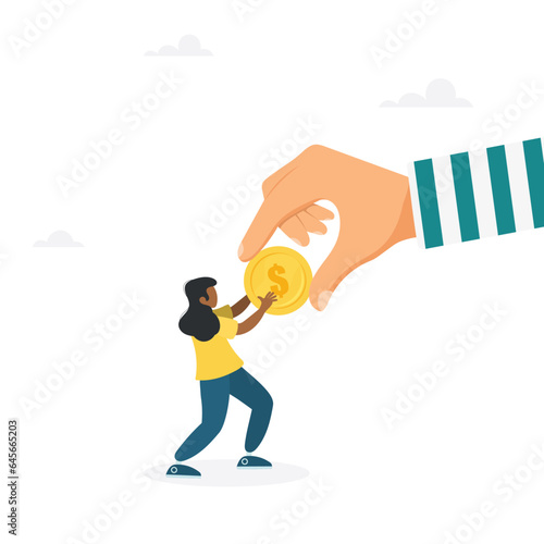Fraud and theft of savings. The girl snatches a coin from the hands of a thief. Modern vector illustration in flat style
