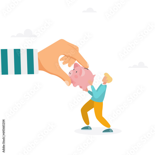 Fraud and theft of savings. The guy snatches the piggy bank from the hands of the thief. Modern vector illustration in flat style
