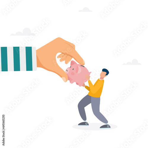 Fraud and theft of savings. The guy snatches the piggy bank from the hands of the thief. Modern vector illustration in flat style
