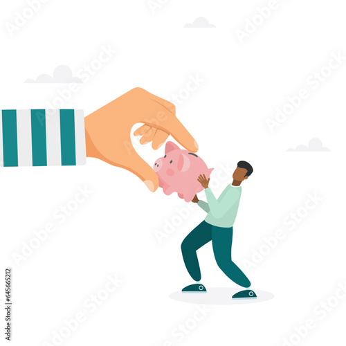 Fraud and theft of savings. The guy snatches the piggy bank from the hands of the thief. Modern vector illustration in flat style
