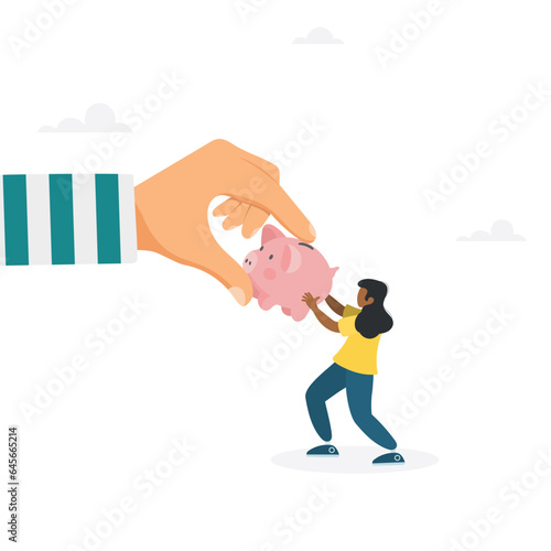 Fraud and theft of savings. The girl snatches the piggy bank from the hands of the thief. Modern vector illustration in flat style
