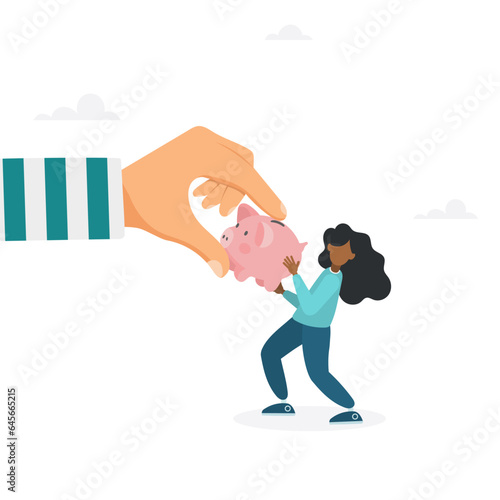 Fraud and theft of savings. The girl snatches the piggy bank from the hands of the thief. Modern vector illustration in flat style
