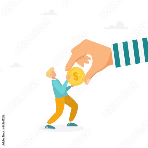 Fraud and theft of savings. The guy snatches the coin from the thief's hands. Modern vector illustration in flat style
