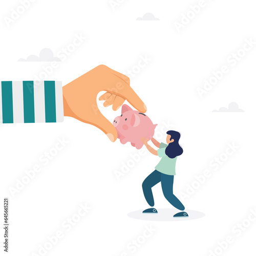Fraud and theft of savings. The girl snatches the piggy bank from the hands of the thief. Modern vector illustration in flat style
