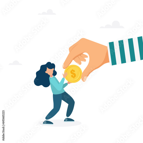 Fraud and theft of savings. The girl snatches a coin from the hands of a thief. Modern vector illustration in flat style
