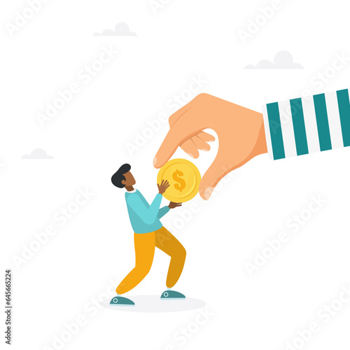 Fraud and theft of savings. The guy snatches the coin from the thief's hands. Modern vector illustration in flat style

