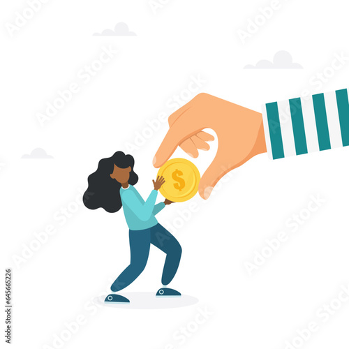 Fraud and theft of savings. The girl snatches a coin from the hands of a thief. Modern vector illustration in flat style
