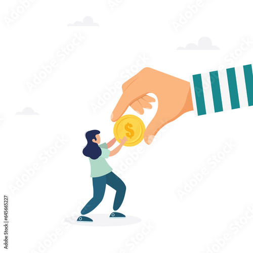 Fraud and theft of savings. The girl snatches a coin from the hands of a thief. Modern vector illustration in flat style
