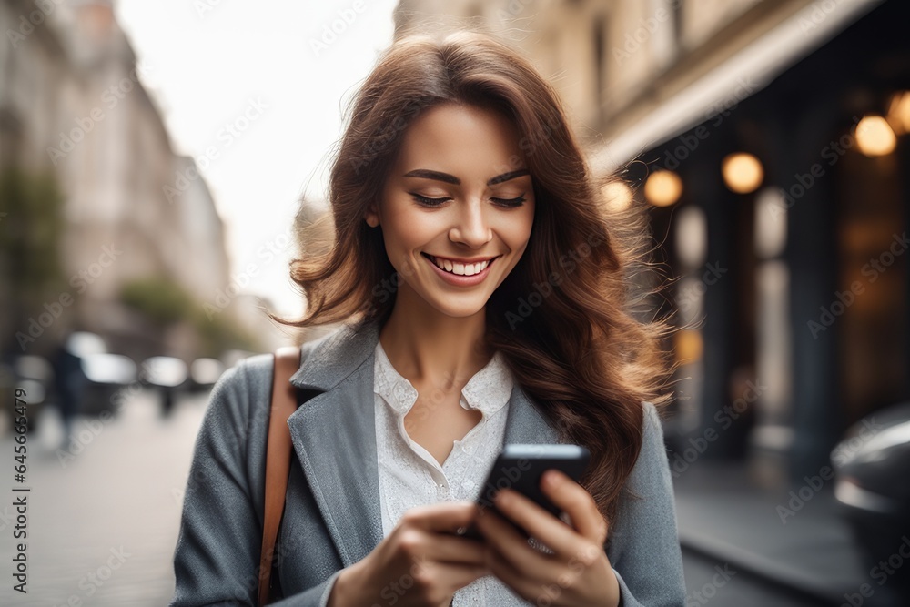 woman texting on mobile phone at city street