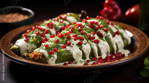 Chiles en Nogada, Typical dish from Mexico, Prepared with poblano chili stuffed. Generative Ai