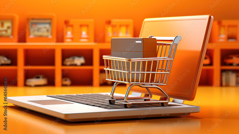 Illustration of shopping cart and laptop, orange background, online stores. Generative Ai