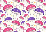 Seamless pattern with bright pink and purple mushrooms in cartoon style