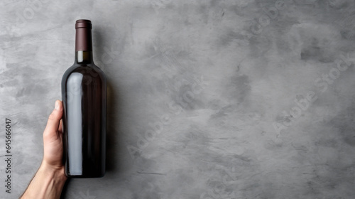 Bottle of red wine in hand on gray background. Top view with copy space.