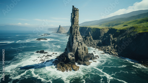 Beautiful Cliff Stands in The Center of The Sea The Clear Sky Stands Upright Like a Pillar in The Clouds Aerial View