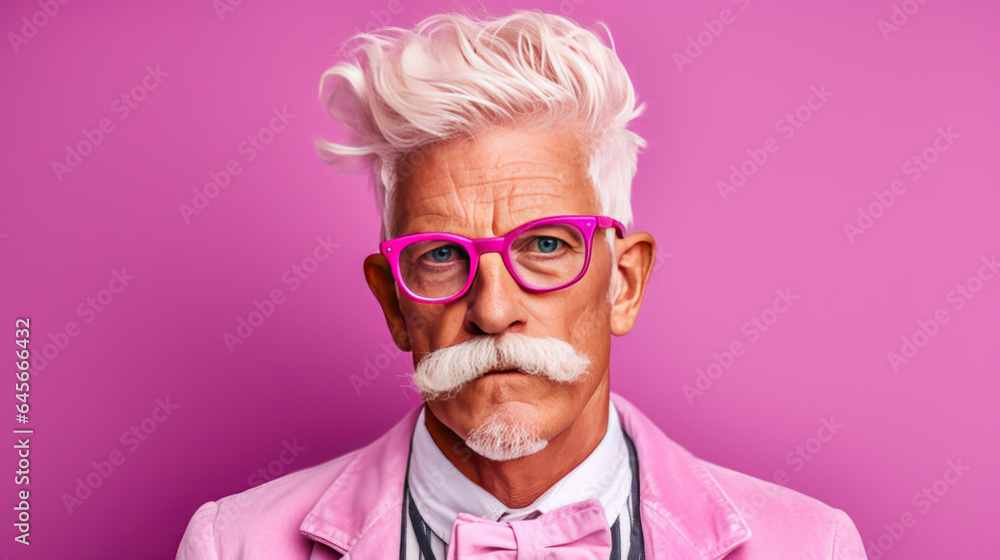 Portrait of a senior man with mustache and pink glasses isolated on a pink background