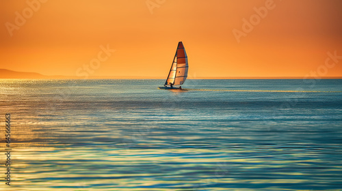 A windsurfer gliding over turquoise waters at golden hour.  AI generative