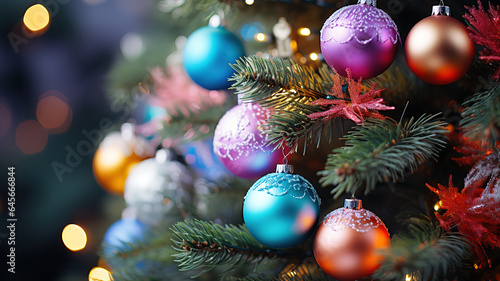 Beautiful decorated Christmas tree, closeup, Bright color. Generative Ai