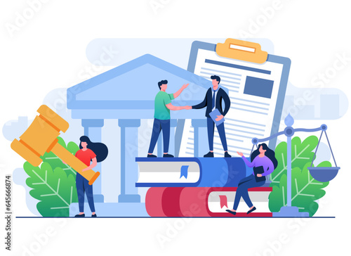law and justice flat illustration concept, Service of a lawyer, Notary, Legal Assistance, Legal consultation in business and finance, Lawyer signing contract, agreement or document