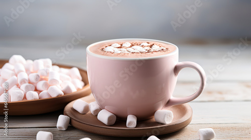 Cup of hot cocoa or hot chocolate with marshmallows and cinnamon sticks. Generative Ai