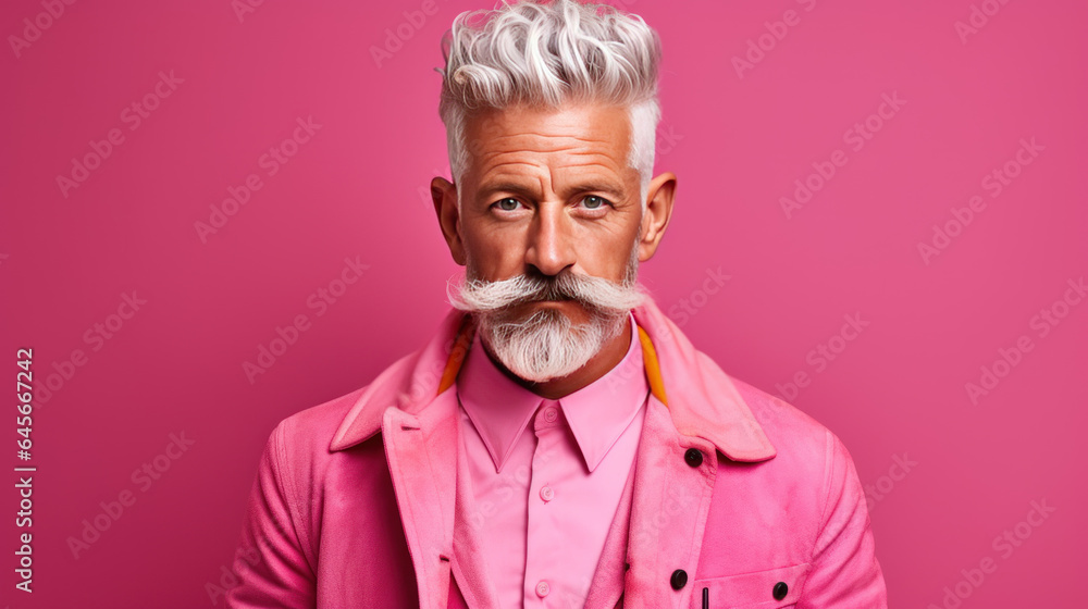 Portrait of a stylish senior man with white hair and beard in a pink jacket on a pink background.