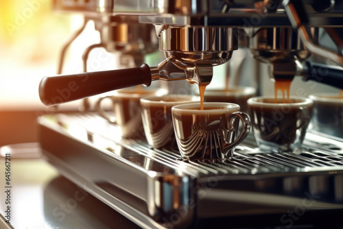 Coffee machine making espresso in cafe, closeup. Professional coffee brewing