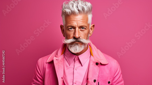 Portrait of a stylish senior man with white hair and beard in a pink jacket on a pink background. © Anna