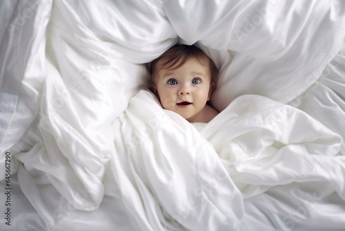 Cute baby boy lying on white bedding and looking at camera