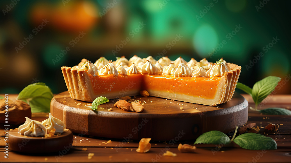 Wooden board with pieces of tasty pumpkin pie on green background, closeup. Generative Ai