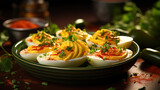 Fried hot boiled egg masala is a popular healthy breakfast or starter menu. Generative Ai