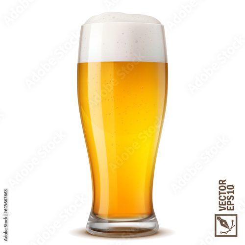 3D realistic cold glass of light beer with lush flowing foam