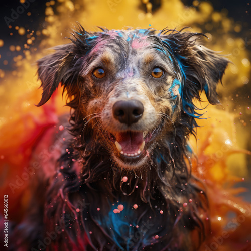  hyper realistic of a colorful dust with an image of a dog, ai generated.