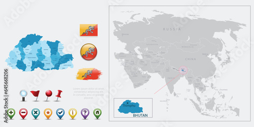 Bhutan map  flag and navigation icons. Vector illustration