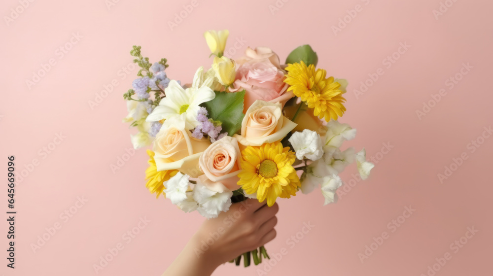 Bouquet of flowers in the hands of a girl on a pink background