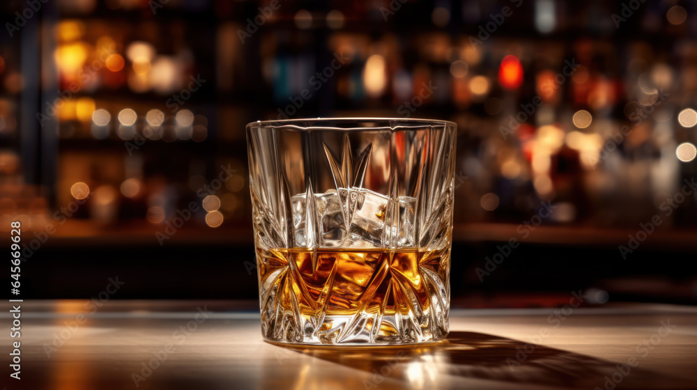 Whiskey in a glass on the table against the background of the bar