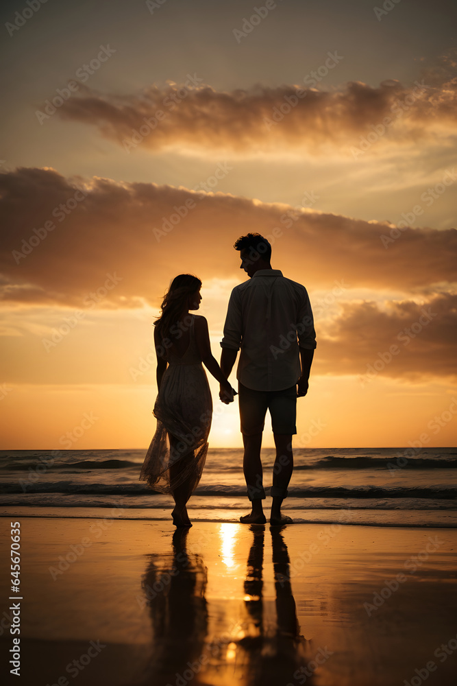 silhouette of a couple on the beach at sunset, image created using artificial intelligence.