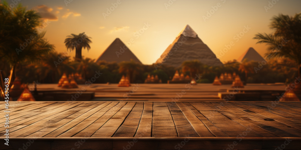 Ancient wooden product display podium with pyramids in background.