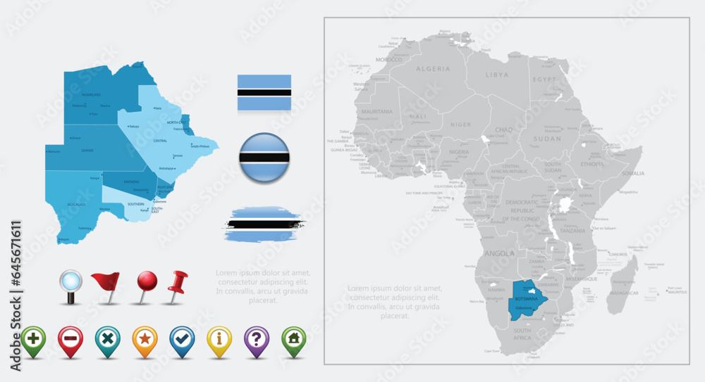 Obraz premium Botswana flag, map and navigation icons. Vector illustration