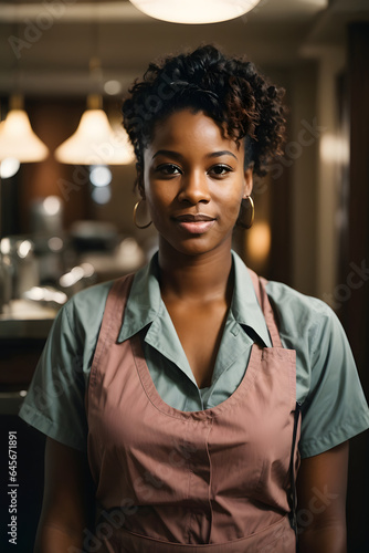 Portrait of a young african american woman working as a cleaning lady in a hotel. Image created using artificial intelligence.