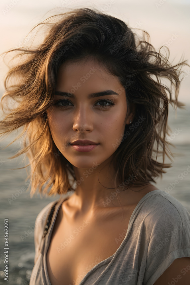 Beach portrait of Young beautiful woman. Image created using artificial intelligence. Beach portrait of Young beautiful woman. Image created using artificial intelligence.