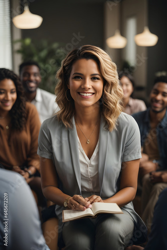 Professional therapist conducting a group session, showing genuine compassion and a comforting smile. Image created using artificial intelligence.