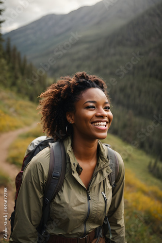 Joyful young African American woman hiking in nature, exuding vitality and laughter, embracing the beauty of the outdoors. Image created using artificial intelligence.