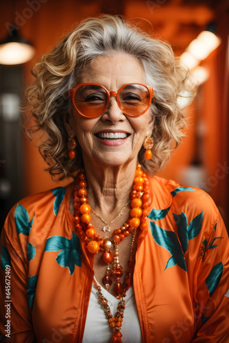 Happy senior woman in colorful orange outfit, cool sunglasses, laughing and having fun in fashion studio. Image created using artificial intelligence. © kapros76