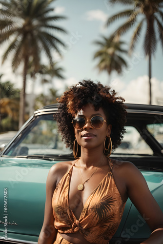 Fashion portrait of beauliful adult black woman, Miami girl wearing sunglasses in summer. Image created using artificial intelligence. photo