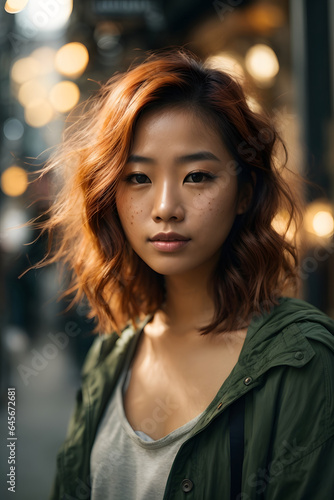 asian young woman taking a selfie looking at the camera, ginger with freckles, perfect proportion. Image created using artificial intelligence.